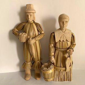 Harvest Corn Husk Carved Pilgrim Couple Dolls Figures Thanksgiving Folk Art 12"